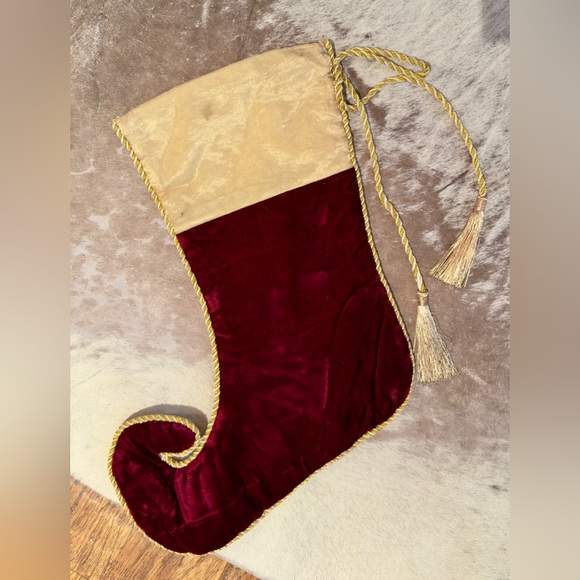 Burgundy Red Velvet & Gold Tassel Trim Christmas Stocking Curly Toe Maximalist - Picture 9 of 12